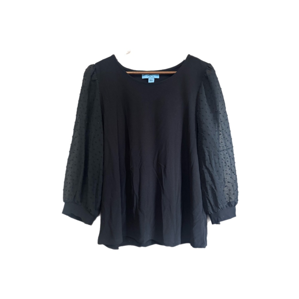 CeCe Blouse Women L Black Excellent Swiss Dot Sheer Puff Sleeve Knit Top